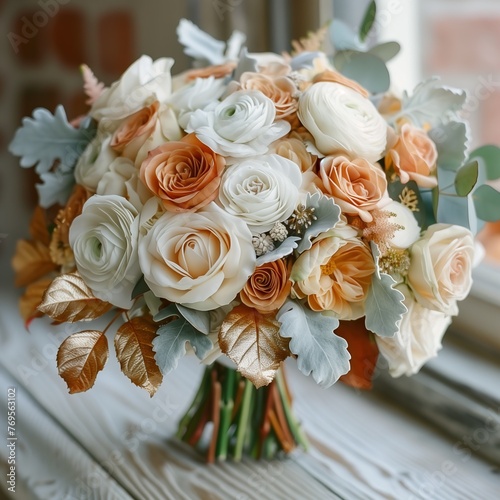 Elegant Bridal Bouquet of Ivory and Peach Roses with Eucalyptus Leaves
