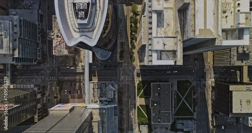 Calgary AB Canada Aerial v41 establishing shot top down view drone flyover downtown CBD along 7 Ave SW capturing light rail street and skyscrapers from above - Shot with Mavic 3 Pro Cine - July 2023 photo