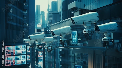 High-tech surveillance monitoring urban safety with a focus on privacy and ethics.