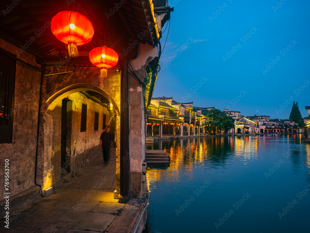 Night view of Nanxun, an ancient water town in Zhejiang Province, China.