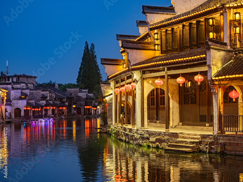Night view of Nanxun, an ancient water town in Zhejiang Province, China.