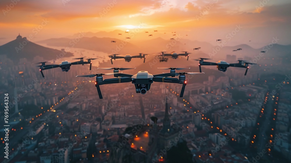 Quadcopter Drones Over City At Dawn, Orange Skyline. Smart Cities, Technology Integration In Urban Development. Surveillance, Monitoring, Urban Planning. AI Generated - obrazy, fototapety, plakaty 