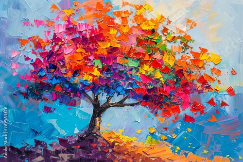 Colorful autumn tree with vibrant flowers, oil painting on canvas, impressionist style