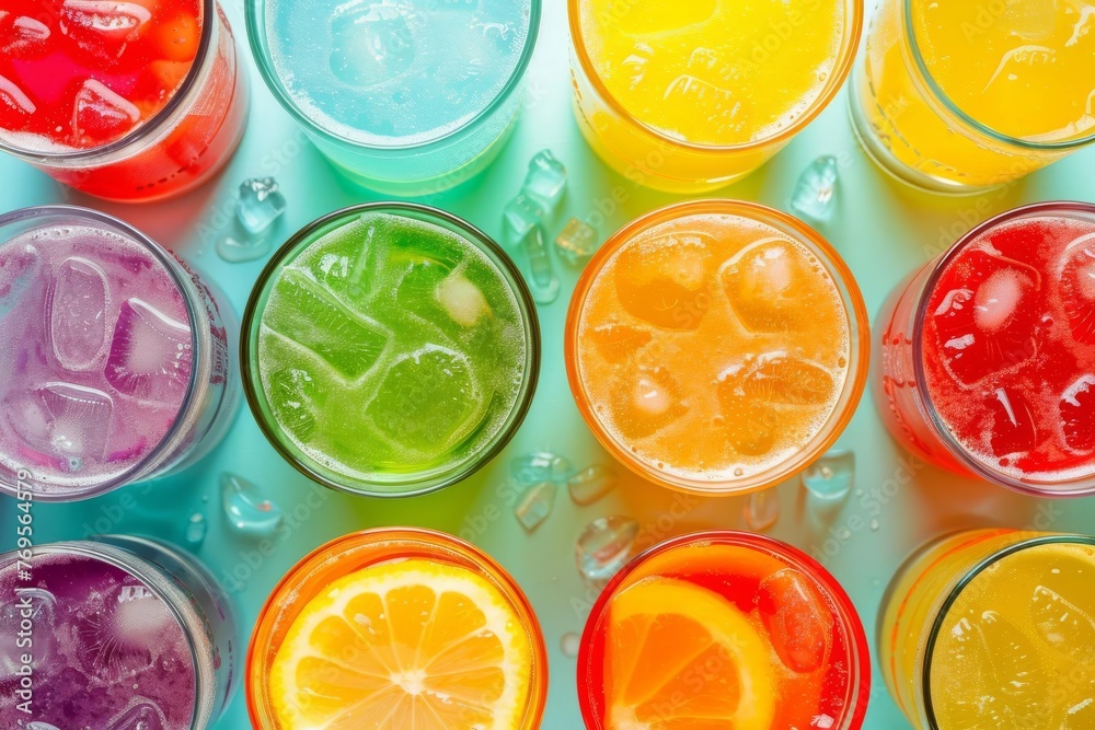 Colorful Soda Drinks Menu, Top View of Glasses with Refreshing Mocktails or Cocktails, Isolated on Background Colorful Soda Drinks Menu, Top View of Glasses with Refreshing Mocktails or Cocktails, Isolated on Background