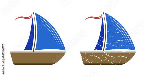 Color, vintage style sailboat vector icon isolated on white background. Travel, transport concept icon illustration to use in tourism, summer holiday, vacation journey projects.
