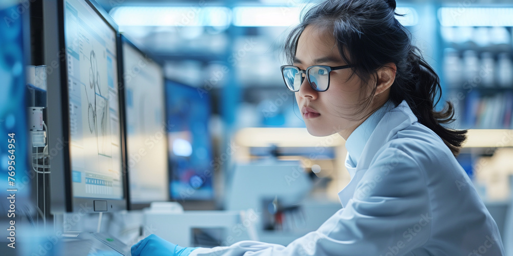 Female medical science research scientist working in a laboratory Female medical science research scientist working in a laboratory