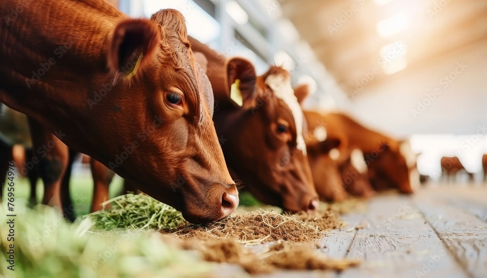 Cattle feeding on hay in cowshed at a dairy farm, livestock grazing on nutritious fodder - obrazy, fototapety, plakaty 