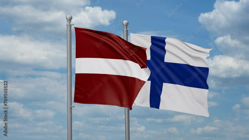 Finland and Latvia two flags waving together, looped video, two country relations concept Finland and Latvia two flags waving together, looped video, two country relations concept