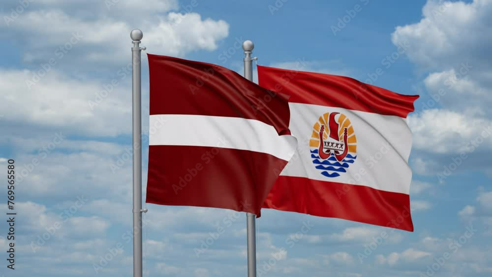 French Polynesia and Latvia two flags waving together, looped video, two country relations concept French Polynesia and Latvia two flags waving together, looped video, two country relations concept