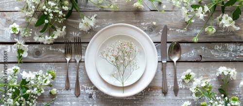 Top view of rustic summer table setting with plate and cutlery adorned with delicate flowers