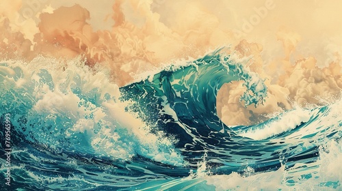 Illustration of Great Ocean Wave with Japanese Vintage Style. Background, Wallpaper, Landscape, Sea, Japan, Nature, Water, Blue, Asia, Surf, Wind, Island, Symbol, Seascape, Asian 