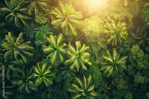 Aerial view of a tropical rainforest during sunrise