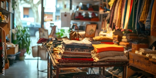 Fuzzy picture of a thrift store displaying a range of items such as clothing, accessories, books, and household goods. Concept Thrift Store, Variety of Items, Fuzzy Picture, Clothing, Accessories