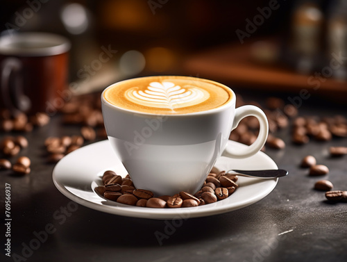 Morning coffee with milk and coffee beans for flavor, white cup, netral background.