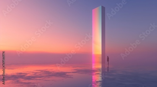 A lone figure stands before an imposing monolith glowing at sunrise.