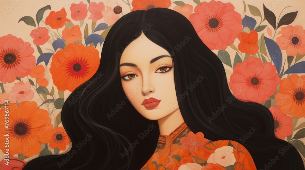  A woman with long, flowing black hair adorned with pink and orange flowers.