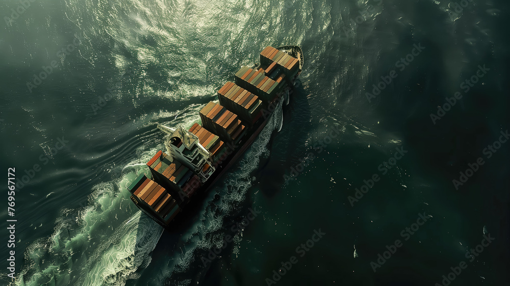 Global logistics, container ship on open sea, Top view. Generative Ai. Global logistics, container ship on open sea, Top view. Generative Ai.