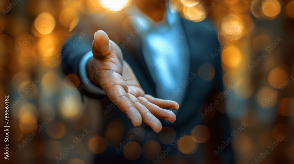 Fototapeta premium Reaching out hand gesture with blurred golden lights background. Concept of support, help, and compassion.