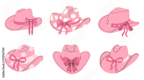 Hand drawn female cowboy hats with bows. Pink cowgirl hats flat vector illustration. Collection of retro elements. Cowboy Western and Wild West theme. Women accessories