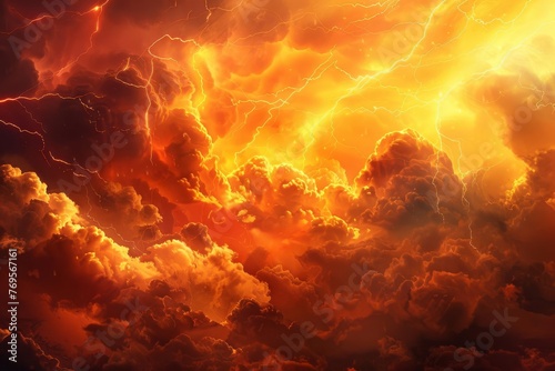 Dramatic lightning storm with dark clouds in an orange sky  weather background digital illustration