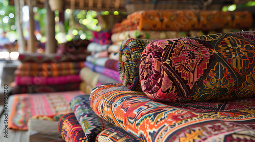 An array of ethnic fabrics with rich colors and designs, displayed in an outdoor market setting