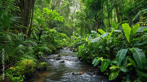 A stream gracefully winds its way through a dense forest, surrounded by vibrant green trees and foliage. The sunlight filters through the canopy, casting dappled shadows on the forest floor.