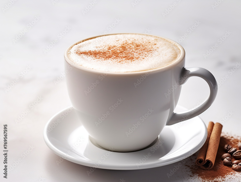 Coffee with milk and cinnamon scent, white cup, netral background. Coffee with milk and cinnamon scent, white cup, netral background.