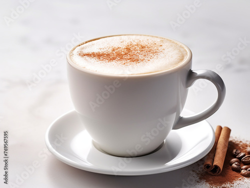 Coffee with milk and cinnamon scent, white cup, netral background.