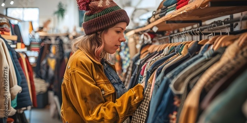 Woman browsing through rack of vintage clothes in a secondhand store looking for unique finds. Concept Thrifting, Vintage Fashion, Secondhand Shopping, Sustainable Style, Retro Clothing