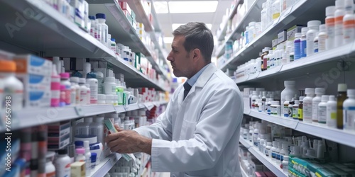 A pharmacist organizing medication shelves in a pharmacy. 