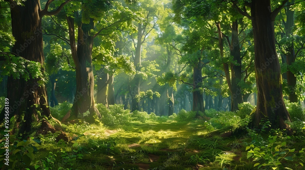 Obraz premium A summer forest filled with an abundance of towering, verdant trees, casting dappled light and shadows.