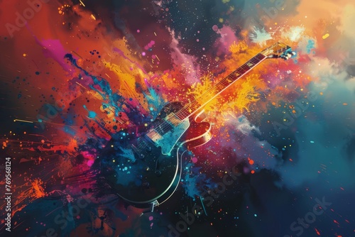 Explosive rainbow colors burst from guitars and drums, abstract music concept, digital art photo