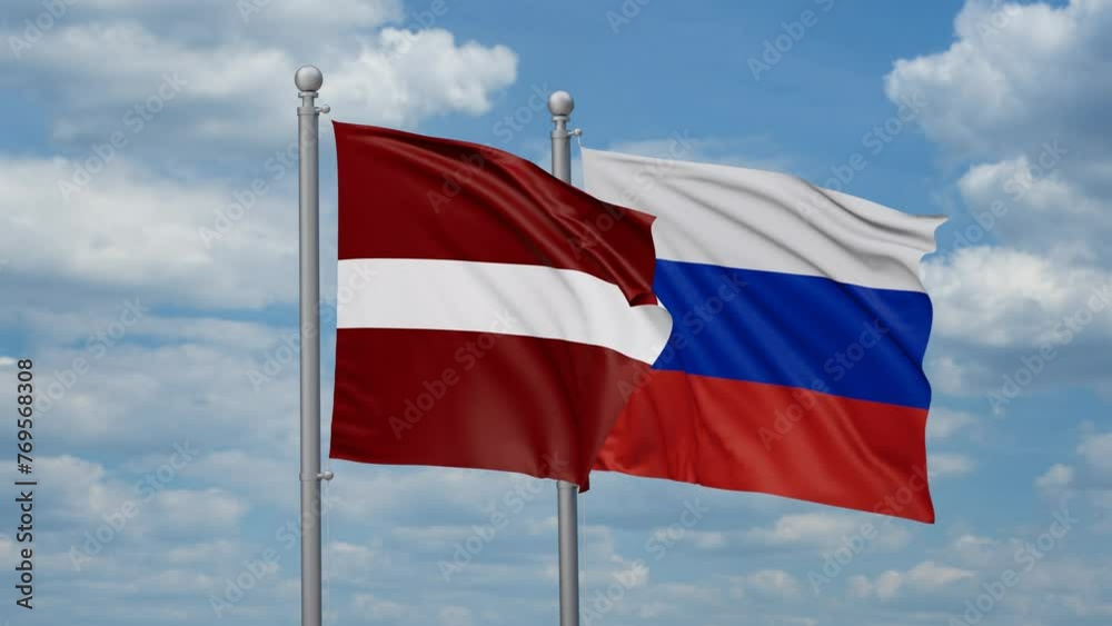 Russian Federation and Latvia two flags waving together, looped video Russian Federation and Latvia two flags waving together, looped video