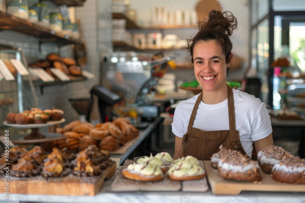 Female entrepreneur baker standing at counter in her small business bakery and coffee shop, smiling confidently