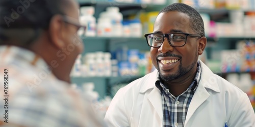 A pharmacist counseling a customer on medication usage.  © kimly