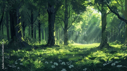 A summer forest filled with an abundance of towering  verdant trees  casting dappled light and shadows.