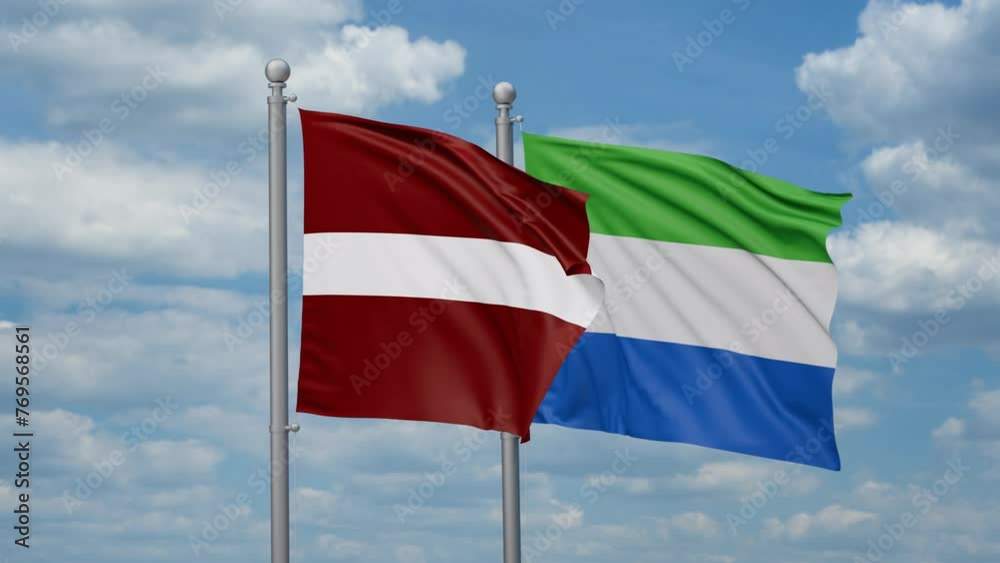 Sierra Leone or Salone and Latvia two flags waving together, looped video, two country cooperation concept Sierra Leone or Salone and Latvia two flags waving together, looped video, two country cooperation concept