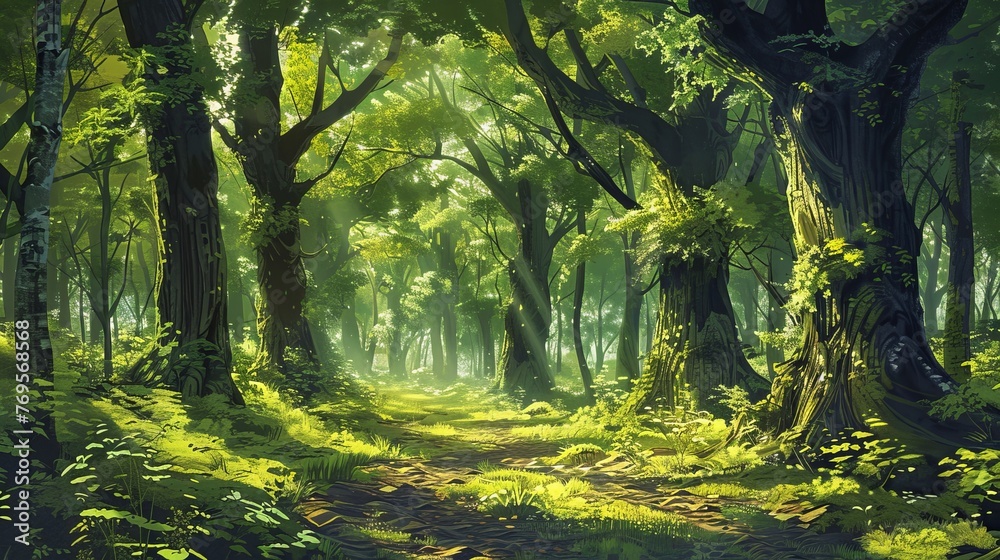 Fototapeta premium A summer forest filled with an abundance of towering, verdant trees, casting dappled light and shadows.