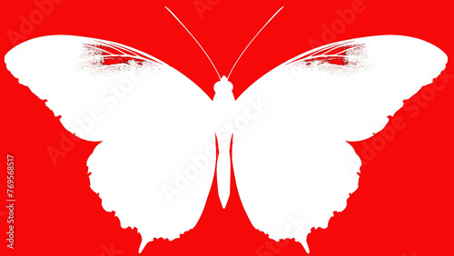 Abstract Red and White Rorschach Inkblot on Solid Background. Transparent silhouette of a butterfly on a red background