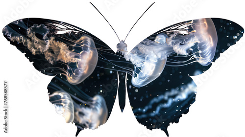 Surreal Composite of a Butterfly With Jellyfish Bodies as Wings Against a Transparent Background