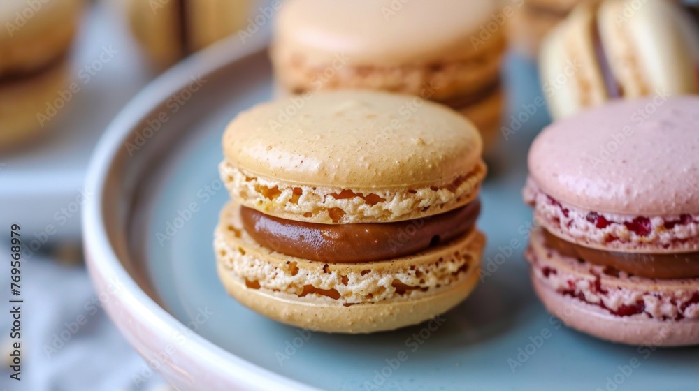 Assorted Macaroons On Plate, Closeup