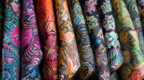 A closeup shot of various colorful textile rolls, highlighting the intricate details and patterns on the fabrics