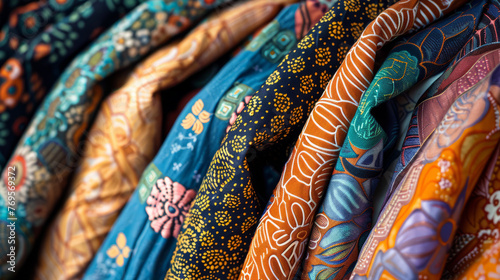 Close-up image displaying richly designed textile rolls in various colors suitable for elegant clothing and decor