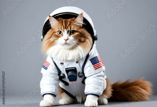 A cute long-haired cat wearing a spacesuit photo