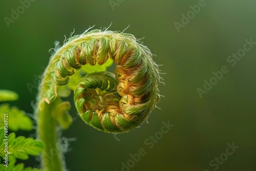 Macro closeup of fern fronds unfurling, nature photography concept