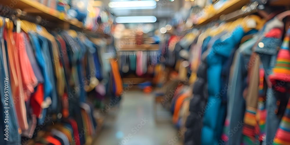 Secondhand Treasures: Blurry Background of a Charity Shop with Clothing, Accessories, Books, and Household Items. Concept Charity Shop, Secondhand Goods, Vintage Finds, Bargain Hunting