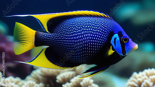 Queen angelfish (Holacanthus ciliaris), also known as the blue angelfish, golden angelfish or yellow angelfish underwater in sea with corals in background. Isolated closeup