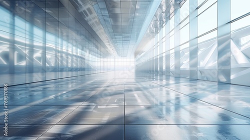 3D image of a futuristic glass building with an empty concrete floor. photo