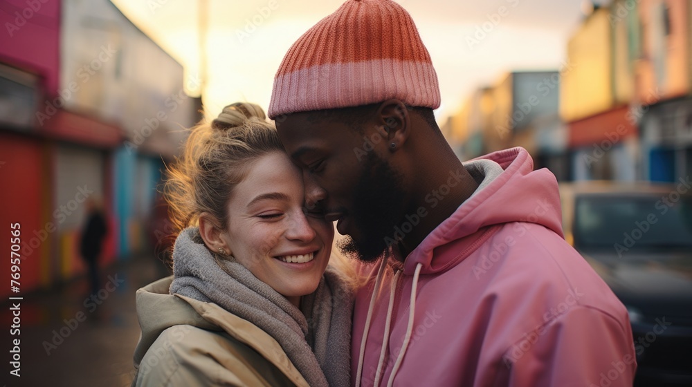 A man and a woman are hugging each other in a city street A man and a woman are hugging each other in a city street
