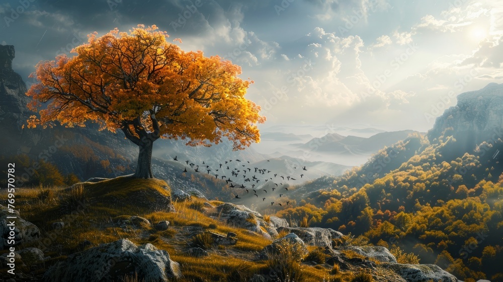 A lone tree stands amidst an autumn landscape on a mountain, symbolizing a sense of solitude and the journey back home.